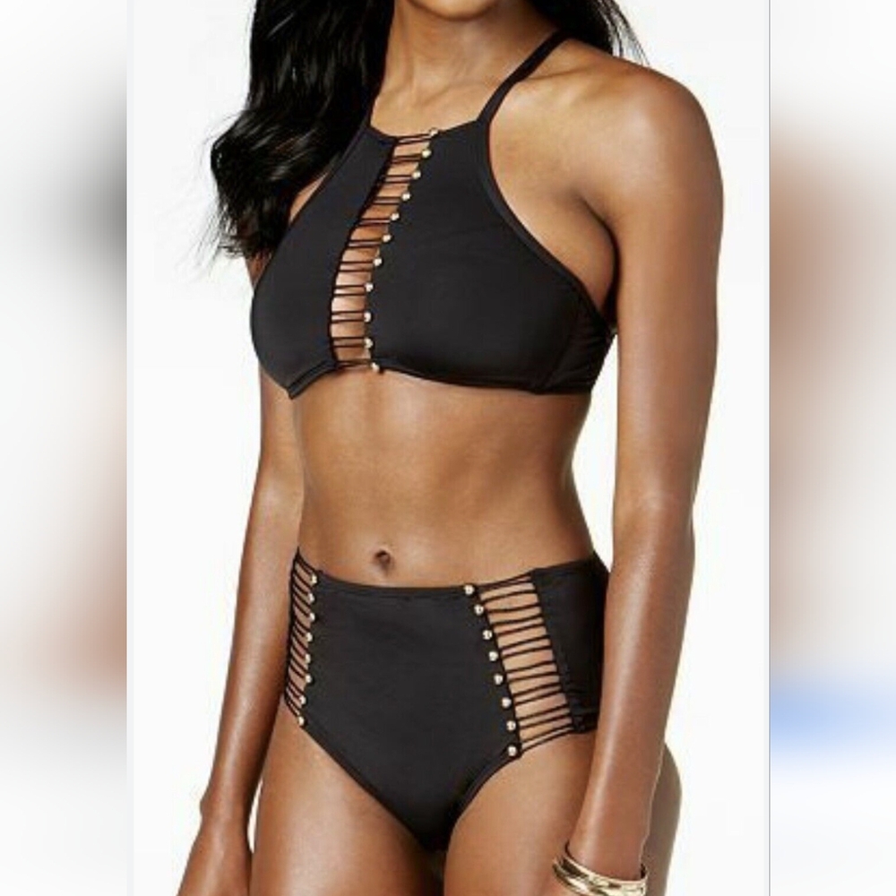 Kenneth Cole 2-piece Black Swimsuit with Gold Embellishments Size Large